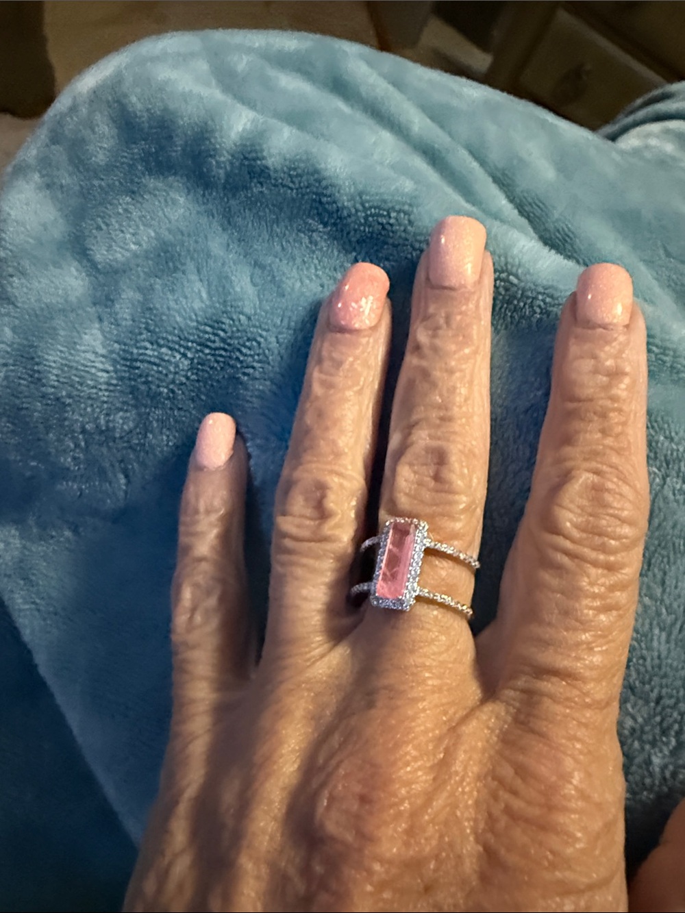 BP rhodium plated Sparkling Pink Crystal Halo Split-Shank Ring